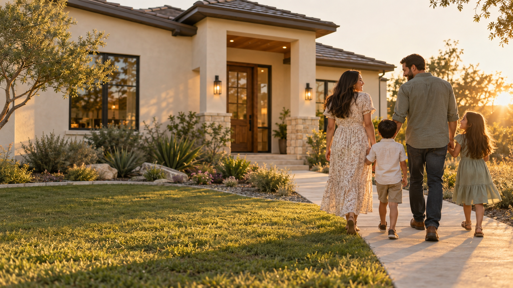 Illustrative scene of a family arriving together at a welcoming home